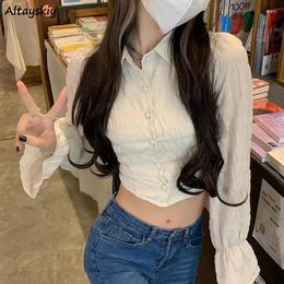 Women's Blouses Apricot Shirts Women Backless Streetwear Gentle Female Spring Sweet Flare Sleeve Casual Temper Slim Korean Style Crop