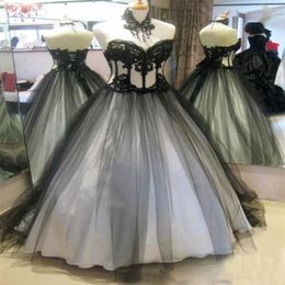 Vintage Black and White Victorian Gothic Wedding Dresses Bridal Gowns Lace Appliques Soft Tulle Lace-up Back265K