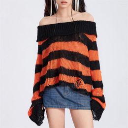 Women's Sweaters Douhoow Women Ripped Knit Stripe Print Gothic Punk Off Shoulder Long Sleeve 90s Knitwear Pullovers One Size