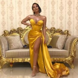 Yellow Gold Sweetheart Satin Mermaid Split Long Prom Dresses Black Girls Ruched Formal Sweep Train Formal Party Evening Gowns BES12880