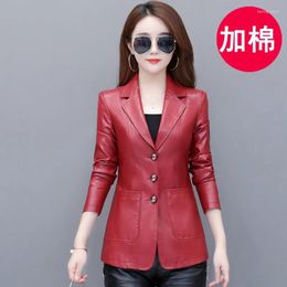 Women's Leather High Quality 2023 Autumn And Winter Coat Short Slim Suit Collar Jacket Female's Black