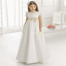 Vintage Flower Girl Dresses for Wedding Empire Waist Short Sleeve Tulle with Lace Sash Children First Communion Gowns256r