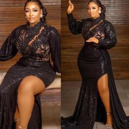 2022 New Plus Size Arabic Aso Ebi Black Mermaid Lace Prom Dresses High Neck Sexy Evening Formal Party Second Reception Birthday Br288j