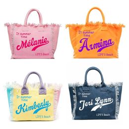 Evening Bags Fashionable Customizable Letter Tassel Canvas Bag Summer Beach Women's Bag Large Capacity Commuting Tote Wedding Gifts 230721