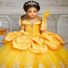 Yellow Lace Crystals Girls' Pageant Dresses Bateau Balll Gown Little Flower Girl Wedding Cheap Communion Pageant Gowns BC11262365