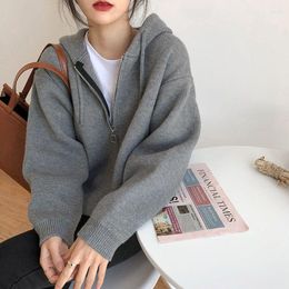 Women's Hoodies QWEEK Korean Fashion Zip Up Women Black Vintage Oversize Knitted Sweater Grey Cardigan Female Aesthetic Harajuku