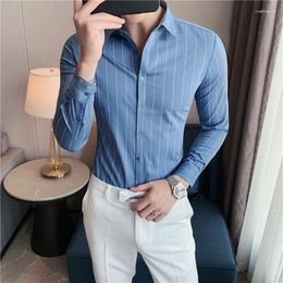 Men's Casual Shirts 2023 High Quality Ice Silk Style Handsome Fashion Mens Button Down Slim Fit Long Sleeve Striped Asain Size S-4XL