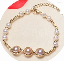 Strand HABITOO Simple Natural Freshwater Cultured 7-8mm Multicolor Pearl Bracelet Bangle Chain Jewellery Charming Gifts Girlfriend Gift