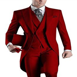 Morning Style Red Tailcoat Groom Tuxedos Eiegant Men Wedding Wear High Quality Men Formal Prom Party SuitJacket Pants Tie Vest 9317f