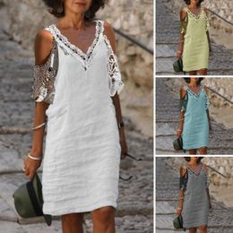 Casual Dresses Women Summer Dress Hollow Out V-neck Lady Midi Lace Off Shoulder Half Sleeves Dress-up Female Clothes