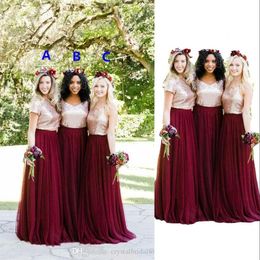 2023 Bridesmaid Dresses Rose Gold Sequined Burgundy Tulle Two Pieces Country Three Styles Open Back Floor Length Plus Size Wedding259e