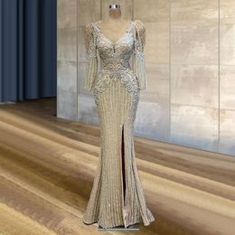 Glitter Mermaid Side Split Evening Dresses V Neck Long Sleeve Lace Appliqued Beaded Special Occasion Prom Gowns 2022 Plus Size294B