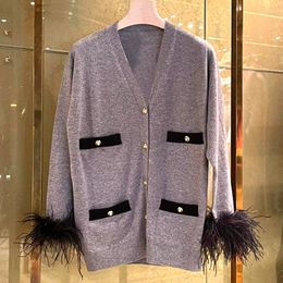 Women's Knits 2023 Spring Sweater In The Long V-neck Grey Ostrich Fur Cuffs High-grade Knit Cardigan Coat