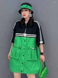 Women's Blouses URIOR 2023 Summer Women Sports Top Fashion Personalised Spliced Trendy Girl Black And Green Stripe Blouse