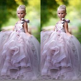 Pretty Princess Ball Gown Flower Girl Dresses 3D Floral Appliques Bow Gilrs Pageant Dress Fluffy Tulle Long Birthday Dress223G