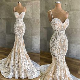 100%Real Image Mermiad Wedding Dresses Full Lace Beach Wedding Gowns Spaghetti Straps Robe De Mariee Custom Made330Z