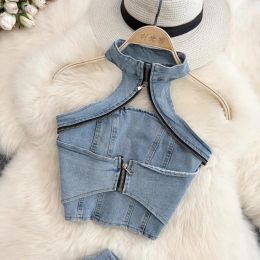 Frauen Tracksuits Denim Zwei -Stück -Sets Frauen Outfits Sommer Vintage Hanging Hals ärmellose sexy Crop Top halb Körperkörper -Rock Set für