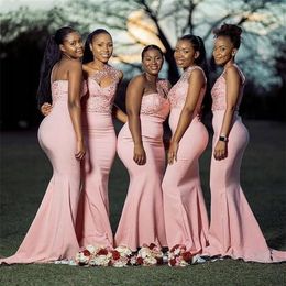 Pink Mermaid Bridesmaid Dresses 2021 One Shoulder Lace Beaded Sweep Train African Plus Size Maid of Honor Gown Country Wedding Gue236k