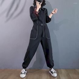 Women's Two Piece Pants Long-sleeved Jumpsuit Korean Style Leggings Loose Oversized Women Waistband Lapel Pocket Tracksuit Set Belt