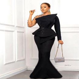 Aso Ebi Black Mermaid Formal Evening Dresses Pearls Crystals Beaded Long Sleeves Plus Size Fashion Party Ladies Prom Gowns Pageant254S