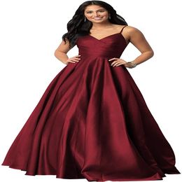 Women's Spaghetti Strap A Line V Neck Satin Prom Dress Long Evening Formal Party Dress Ruched Bodice272m
