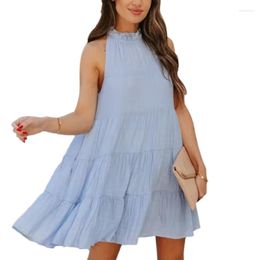 Casual Dresses Summer Womens Sleeveless O-Neck Dress Loose Fit Mini Short Pleated Swing 517D