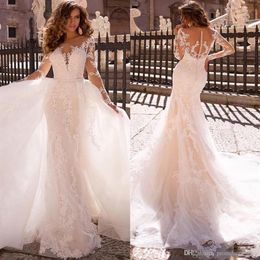Sexy Lace Mermaid Wedding Dresses Sheer Neck See Through Long Sleeves Applique Bridal Gowns With Detachable Train Vestidos De Soir288u