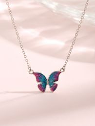 2023 European and American Retro S925 Sterling Silver New Pink Blue Butterfly Necklace Temperament High Grade Necklace Girl