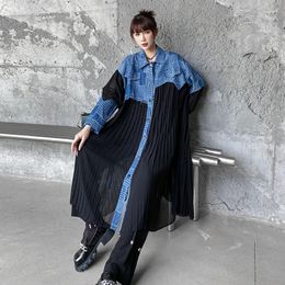 Women's Jackets Street Wear Denim Spliced Thin Outfit Women Oversized Loose Mesh See Through Cardigan Spring Long Sleeve Pleated Dresses