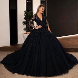 Gorgeous Black Lace Ball Gown Wedding Dresses Sheer Plunging Neck Beaded Bridal Gowns With Long Sleeves Plus Size Tulle Vestidos D266A