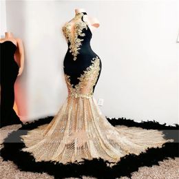 2023 Black Girls Mermaid Prom Dresses Satin Beading Sequined High Neck Feathers Luxury Skirt Evening Party Formal Gowns BC14825 03209u