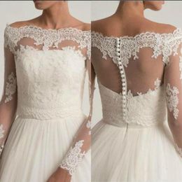 Off The Shoulder Wedding Jackets Lace Appliques Bridal Boleros Wrap Top Long Sleeve Customized Bridal Jacket219j