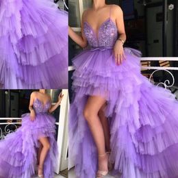 Light Purple High Low Prom Dresses Sexy Spaghetti Tiered Tulle Evening Gowns Custom Made Layers Sweep Train Cocktail Party Dress285L