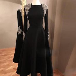 Elegant Black Tea Length Arabic Dubai Prom Dresses Jewel Neck Long Sleeve Crystal Beaded Short Formal Gown Satin Muslim Evening Pa243C