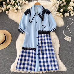 Party Dresses 2023 Spring Short Sleeve Blue Patchwork Lace Plaid Loose Midi Dress