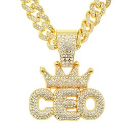 Hip Hop Rapper Men shiny diamond pendant gold necklace Iced out crown CEO letters pendant micro-inset full zircon jewelry night club punk 50cm Miami Cuban chain 1559