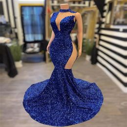 Royal Blue Sequin Prom Dresses For Black Girls Sparkly Evening Gown African Mermiad Formal Gown Bridal Party Dress parti elbise260I