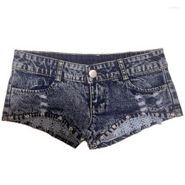 Women's Shorts Sexy Skinny Jean Denim Women Bright Diamond Lace Ultra-low Rise Pants Nightclub Girls Ripped