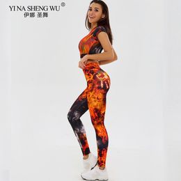 Women's Tracksuits Fire PrintingTracksuit Women Sport Tights Woman Suit Workout Seamless Skull Yoga Set Sportswear Yoga Leggings Push Up Sportswear 230721