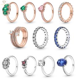 925 Silver Women Fit Pandora Rings Original Heart Crown Fashion Ring Bead Love Heart Blue Cubic Zirconia Diamonds European Style Rings Birthday Ladies Gift