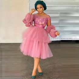 Nigeria Pink Tulle Ball Gown Short Prom Dresses Long Sleeves Knee Length African Formal Evening Gowns Women Plus Size Aso Ebi275D