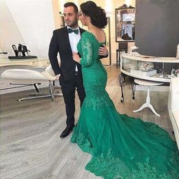 New Mermaid Prom Dresses Long Evening Gowns vestido de festa Lace Turquoise Party Dress With Long Sleeve Court Train Tulle300D