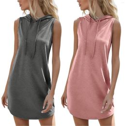 Casual Dresses Sexy Sleeveless Hoodies Sweatshirt For Women Slim Cropped Hip Dress Ladies Drawstring Solid Colour Sports