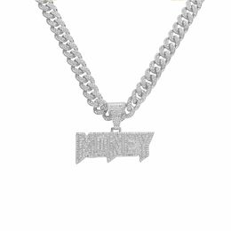 Hip Hop Rapper Men shiny diamond pendant gold necklace Iced out MONEY letters pendant micro-inset full zircon jewelry night club punk 50cm Cuban chain 1550