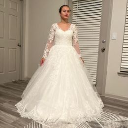 Modern V Neck Ball Gown Wedding Dress Lace Applique Long Sleeve Wedding Gowns 2023 Church Bridal Dress Formal Vestidos de Novia Winter Fall Wedding Gown