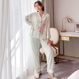 Women's Sleepwear Satin Two Pieces Sleepwear Set Women Print Pyjamas Summer Lounge Wear Casual Nightwear Soft Intimate Lingerie Lapel Pyjamas 230721