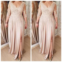 Plus Size Mother Of The Bride Dresses A line Champagne 3 4 Sleeves Chiffon Appliques Long Groom Mother Dresses For Weddings266I