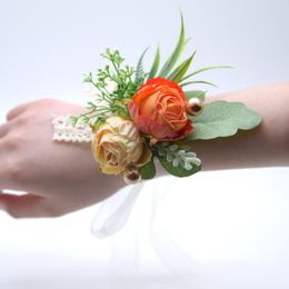 Decorative Flowers Wrist Corsage Flower Set Wedding Rose Silk Ribbon Bride Hand Wristband Bracelet Party Decor
