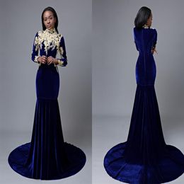 Fashion Velvet Mermaid Prom Dress Cheap Royal Blue Long Sleeves 2020 Gold Lace Applique Sweep Train Zipper Evening Formal Dress Go236u