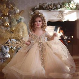 princess gold girls pageant dresses lace applique beads long sleeve ball gown flower girl dress tulle first communion gowns263w